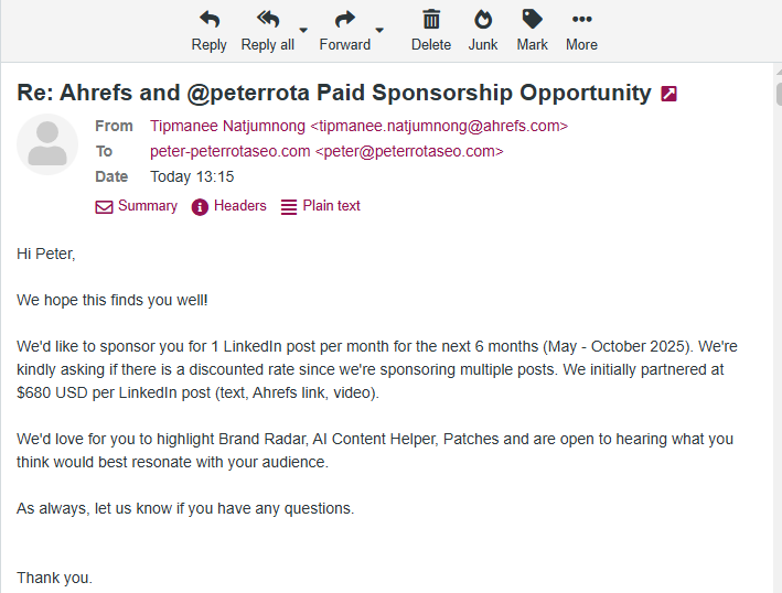Ahrefs sponsorship email